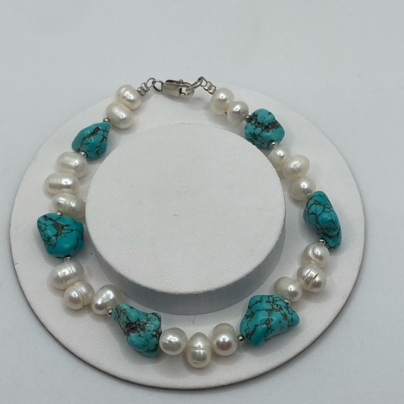 Vtg Sterling Pearl & Turquoise Chunk Beaded Bracelet 8.3” - Picture 2 of 5
